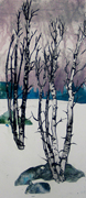 two birches birch tree monoprint